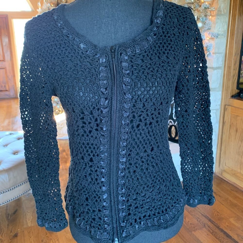 Black Crocheted Knit Cardigan‎ Sweater Lace Trim